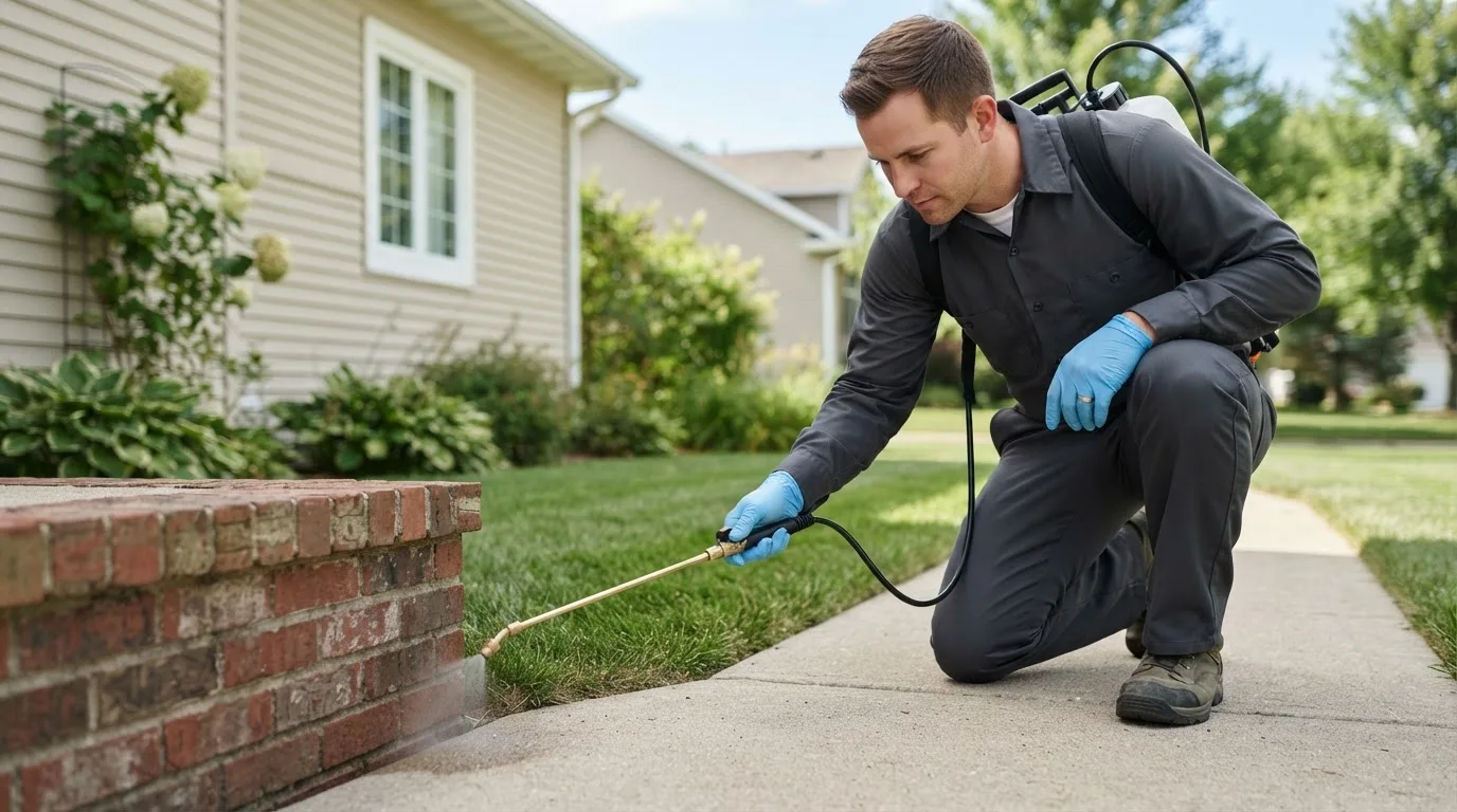 Pest control technician treating a home near Lake Odessa, MI
