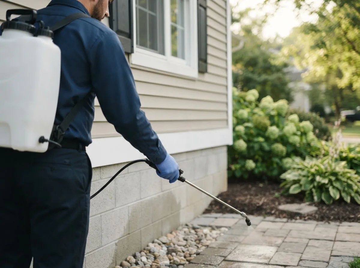 Pest control technician inspecting a home in Lake Odessa, MI
